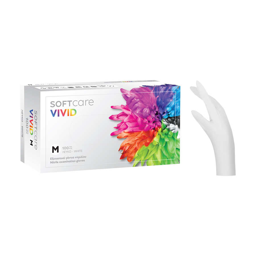 soft-care-vivid-gantia-nitriliou-lefko Εξεταστικά γάντια νιτριλίου Soft Care Vivid σε λευκό χρώμα 100 τεμάχια